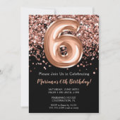 6. Geburtstag Einladung Black Rose Gold Glitzer (Vorderseite)