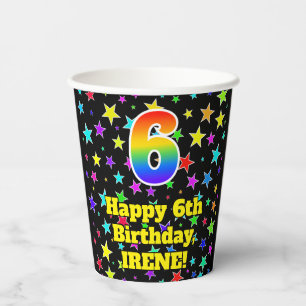 6. Geburtstag: Fun Stars Pattern und Regenbogen 6 Pappbecher