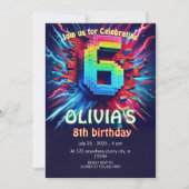 6. Geburtstag Junge Pixel Neon Einladung (Vorderseite)