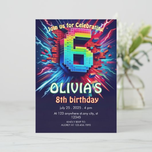 6. Geburtstag Junge Pixel Neon Einladung (Stehend Vorderseite)