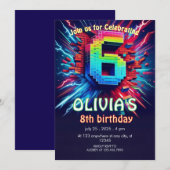 6. Geburtstag Junge Pixel Neon Einladung (Vorne/Hinten)