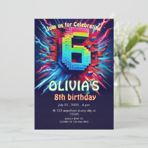 6. Geburtstag Junge Pixel Neon Einladung