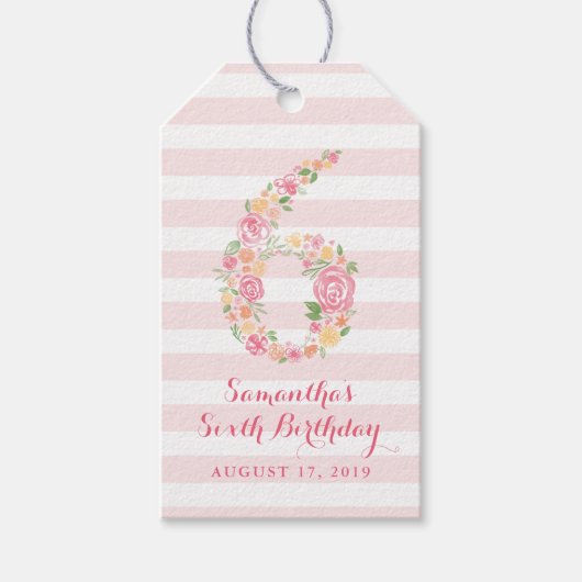 6. Geburtstag Pink Aquarell Floral SIX Geschenkanhänger (Vorderseite)