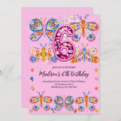 6. Geburtstag Pink Butterfly Einladung (Vorne/Hinten)