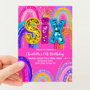 6. Geburtstags-Einladung Regenbogen Hot Pink Party Einladung