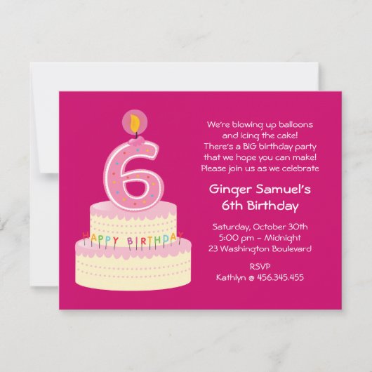 6. Geburtstags-Kuchen-einfache Einladung (Vorderseite)