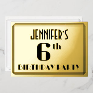6. Geburtstagsfeier: Art Deco-Look „6“ und Name Folieneinladung