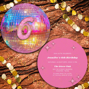 6. Geburtstagsfeier Gold Rosa Glitter Disco Kugel Einladung