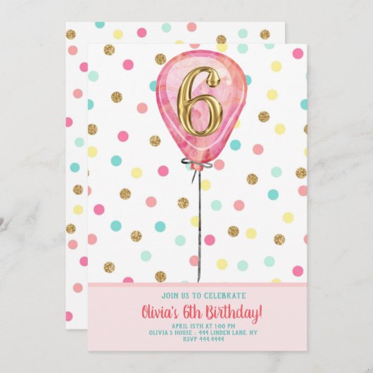6. Geburtstagsparty Ballon Einladung (Vorne/Hinten)