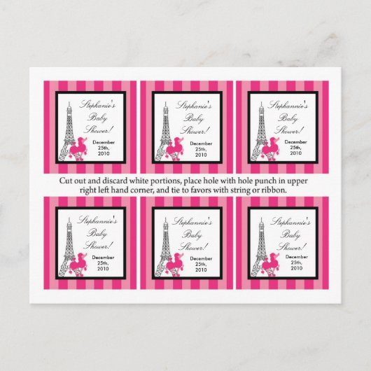 6 Gefälligkeitstags Pink Poodle Paris Eiffelturm Einladungspostkarte (Vorderseite)