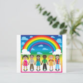 6 glückliche Kinder unter einem Regenbogen mit ein Postkarte (Stehend Vorderseite)