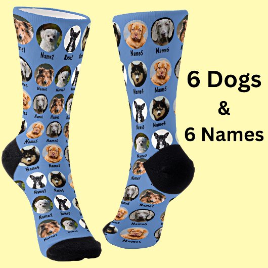 6 Hunde, 6 Namen, Hunde Foto - Personalisiert blau Socken