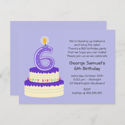 6. Lavendel Geburtstagskuchen Einladung (Vorne/Hinten)