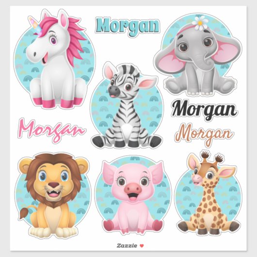 6 Niedliche Kleintiere, farbenfrohe Kunst, 4 Namen Aufkleber (Blatt)