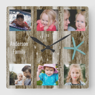 6 Photo Collage Beach Plank Quadratische Wanduhr