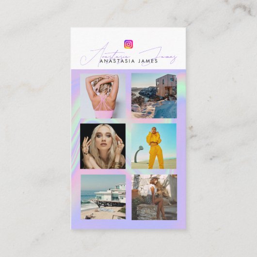 6 Photo Feed Grid Social Media QR Code Holographic Visitenkarte (Rückseite)