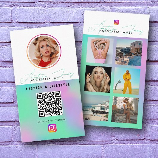 6 Photo Feed Grid Social Media QR Code Holographic Visitenkarte