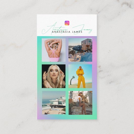 6 Photo Feed Grid Social Media QR Code Holographic Visitenkarte (Rückseite)