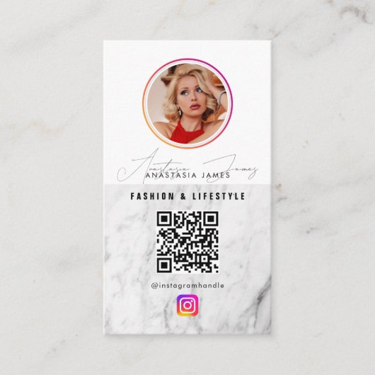 6 Photo Feed Grid Social Media QR Code Marble Visitenkarte (Vorderseite)