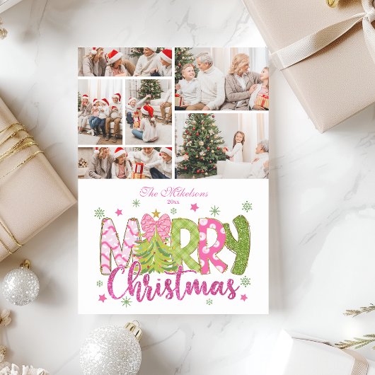 6 Photo Pink Green Bow Tree Merry Christmas Feiertagskarte