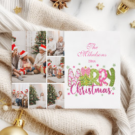 6 Photo Pink Green Bow Tree Merry Christmas Feiertagskarte