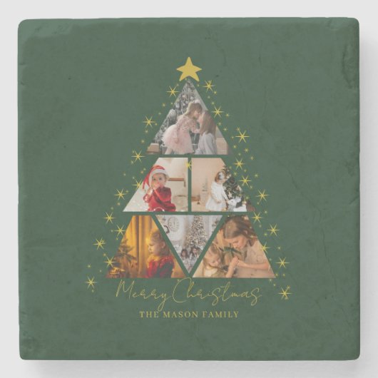 6 Photo Tree Shape Christmas Card Steinuntersetzer (Vorderseite)