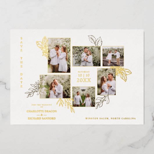 6 Photos Collage Wedding Botanical Branches Frame Folieneinladung (Vorderseite)