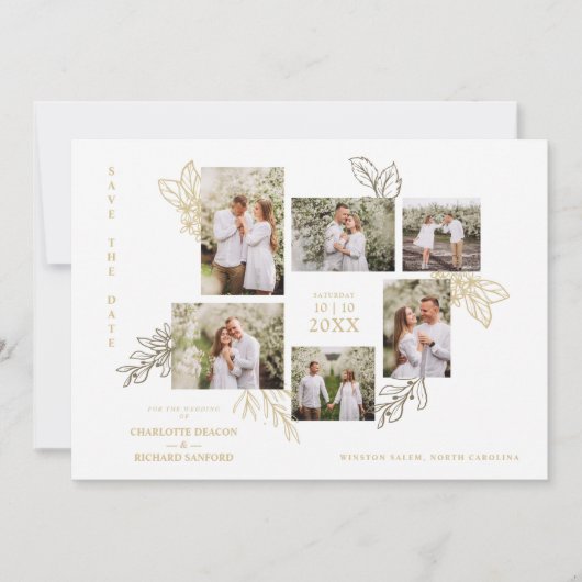 6 Photos Collage Wedding Botanical Branches Frame  Save The Date (Vorderseite)