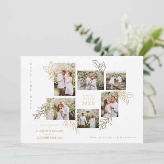6 Photos Collage Wedding Botanical Branches Frame  Save The Date (Stehend Vorderseite)