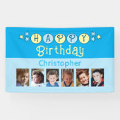 6 photos happy birthday name kids blue party banner (Horizontal)