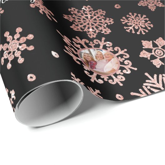 6 Pic Custom Rose Gold Glitzer Snowflakes Blk Gesc Geschenkpapier (Rolleneckpunkt)