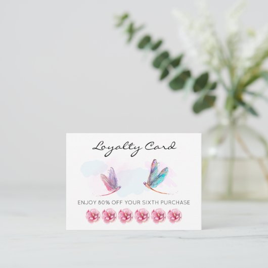 *~* 6 Punch Pink Blue Dragonfly Loyalty Card Treuekarte (Stehend Vorderseite)