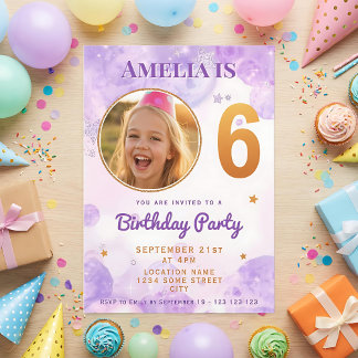 6 Purple Gold Star Bubbles 6th Birthday Invitation Einladung