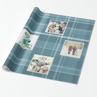 6 quadratisches Foto-blaues kariertes Geschenkpapier