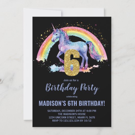 6. Rainbow Unicorn Geburtstag Einladungen (Vorderseite)