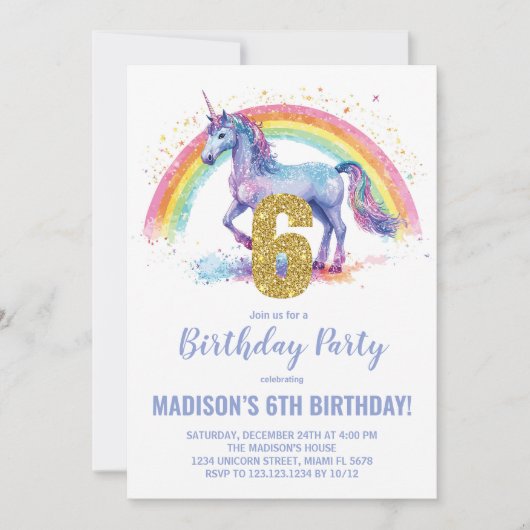 6. Rainbow Unicorn Geburtstag Einladungen (Vorderseite)