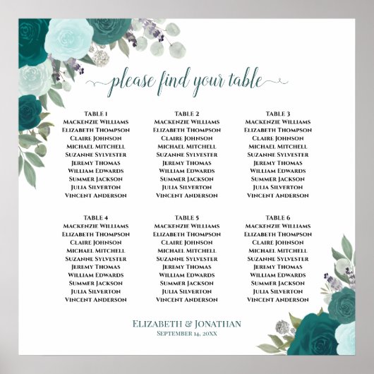 6 Tabelle Aquamarine Rose Boho Hochzeitssatelliten Poster (Vorne)