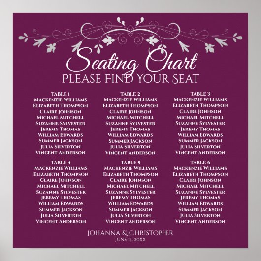 6 Tabelle Chic Silver & Cassis Hochzeitsdiagramm Poster (Vorne)
