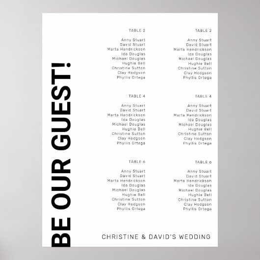 6 Tabelle Einfache White Wedding Chart Poster (Vorne)