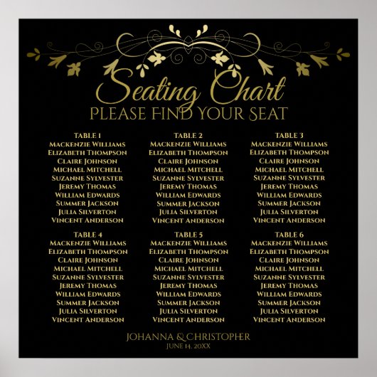 6 Tabelle Elegantes Gold & Black Wedding Seating C Poster (Vorne)