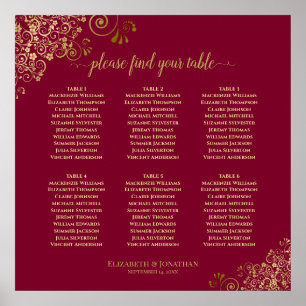 6 Tabelle Elegantes Gold & Burgund Seating Chart Poster
