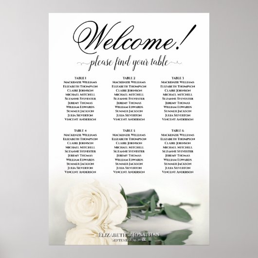 6 Tabelle Elegantes White Rose Hochzeitstabelle Poster (Vorne)