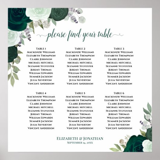 6 Tabelle Emerald Green Floral Wedding Chart Poster (Vorne)