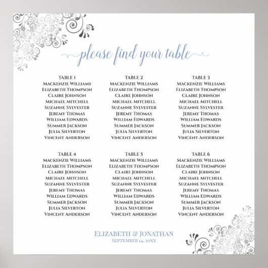 6 Tabelle Frilly Wedding Seating Chart Blau auf We Poster (Vorne)