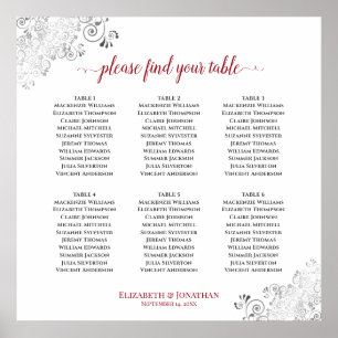 6 Tabelle Frilly Wedding Seating Chart Red auf Wei Poster