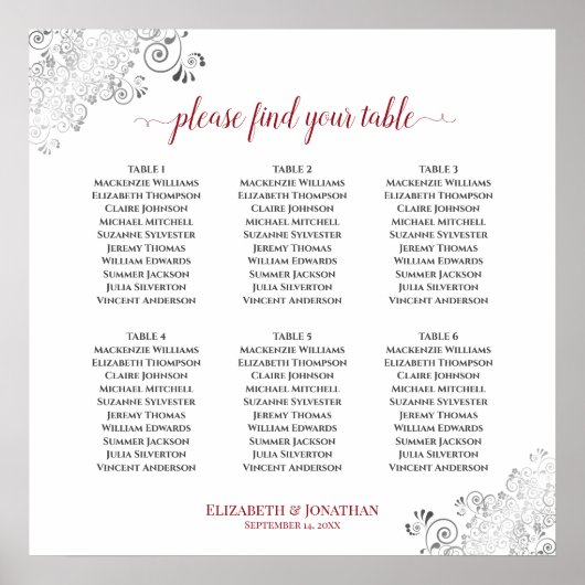 6 Tabelle Frilly Wedding Seating Chart Red auf Wei Poster (Vorne)
