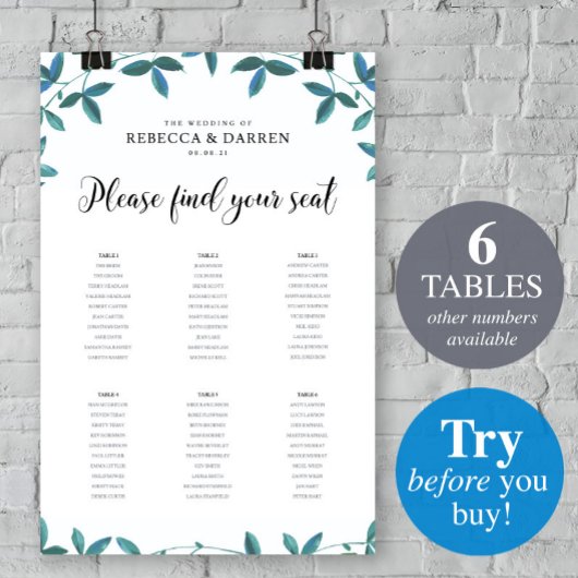 6 Tabelle Green Folies Eukalyptus Seating Chart Poster
