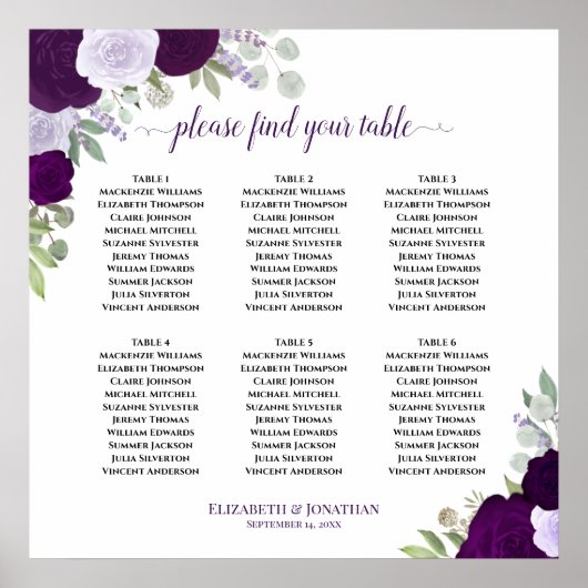 6 Tabelle Lila Blumenboho Hochzeitsdiagramm Poster (Vorne)
