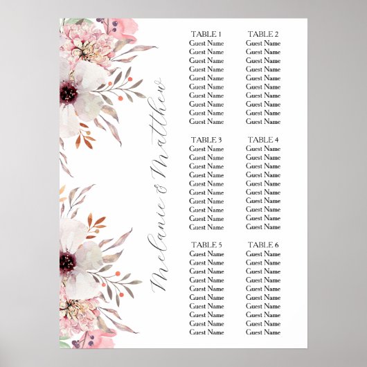 6 Tabelle | Rustic Boho Floral Wedding Chart Poster (Vorne)
