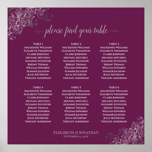 6 Tabelle Silver Cassis Lila Hochzeitssitzkarte Poster (Vorne)